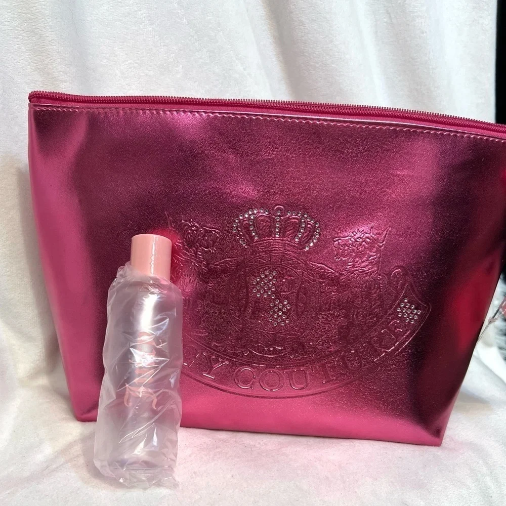 👑 🩷Juicy Couture  Pink Metallic Cosmetic Bag AND EMPTY TOILETRY BOTTLE 🩷NWT